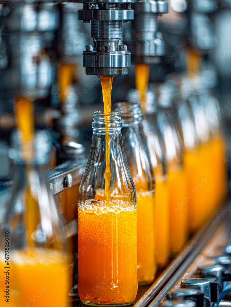 Poster close-up of an automated bottling line filling glass containers with orange liquid, showcasing moder