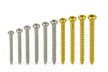 Different size bone screws increasing in ascending order, isolated on transparent background