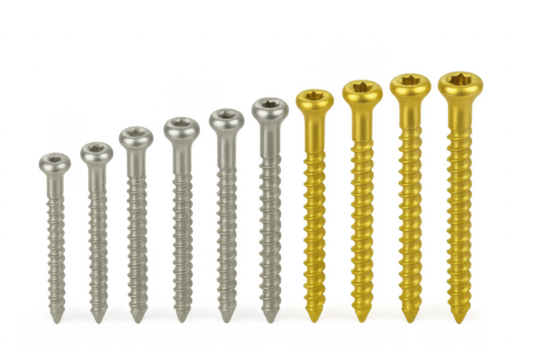 Different size bone screws increasing in ascending order, isolated on transparent background