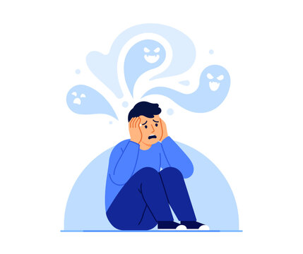 Anxious man with intrusive thoughts. Anxiety, GAD, OCD, panic attack, paranoia, schizophrenia, hallucination, psychosis, phobia, mental health disorder. Illustration isolated on white background