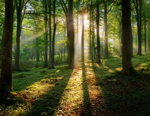 Obraz premium sunlight dappled through forest trees nature photography