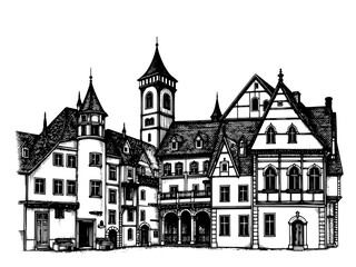Fototapeta premium European building complex in wood-block print style, in black and white