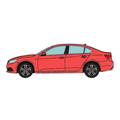 Obraz premium Illustration of a red sedan car, side view, on a white background.