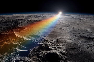 Spectacular view of a rainbow on the lunar surface with Earth in the distance