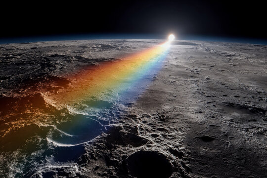 Spectacular view of a rainbow on the lunar surface with Earth in the distance