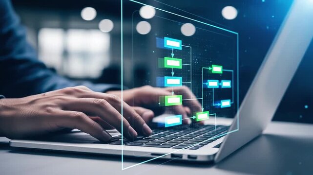 Person coding on a laptop bright glowing flowchart above keyboard Data streams connection visualization represents software engineering information technology progress and online work