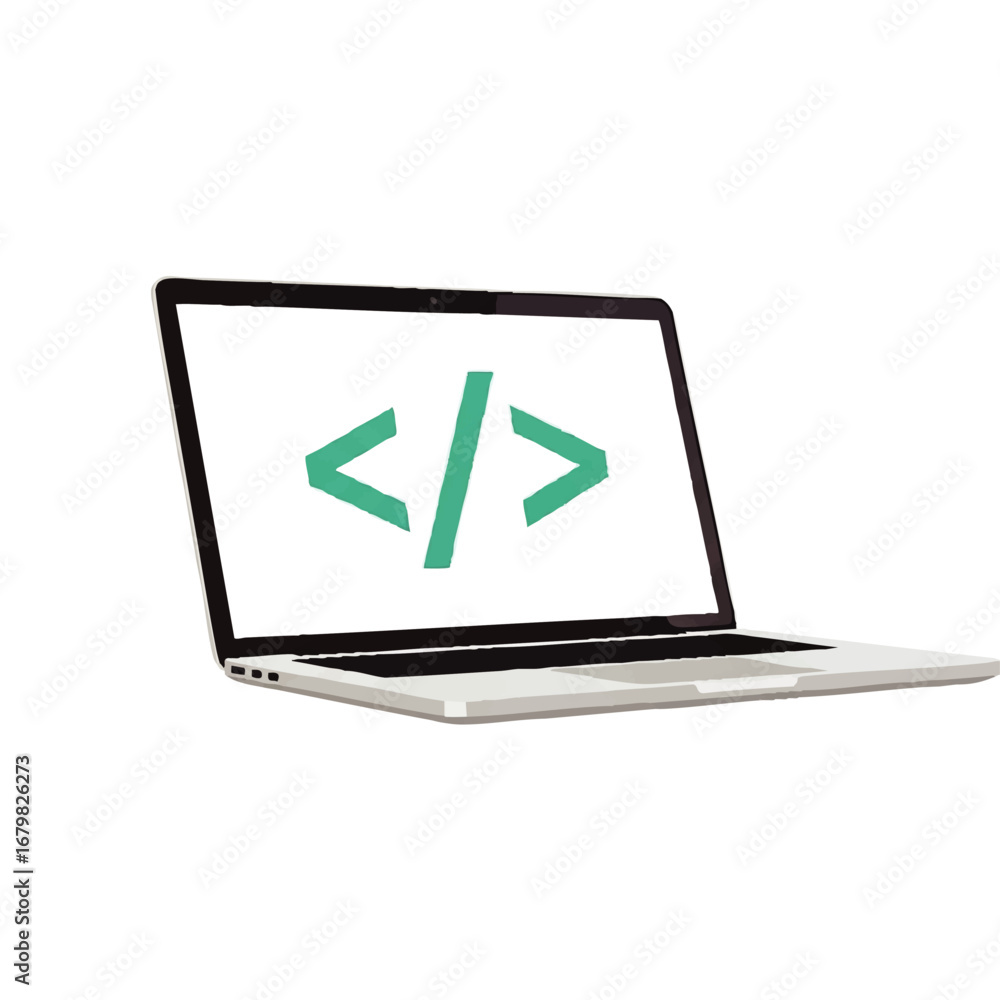 Fototapete Laptop with code symbol on the screen, representing programming and software development.