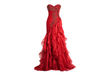 Red Strapless Ruffled Evening Gown with Embellishment