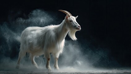 Obraz premium White Goat in Dust Storm, Dark Studio Setting