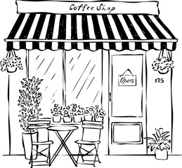 Fachada de cafetería dibujada a mano. Ilustración de tienda de café. Dibujo de escaparate europeo