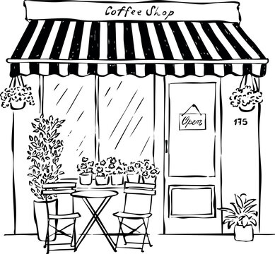 Fachada de cafeter&iacute;a dibujada a mano. Ilustraci&oacute;n de tienda de caf&eacute;. Dibujo de escaparate europeo