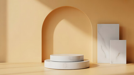Ultra quality image of minimal background.  White podium and yellow background with sun rays for product presentation. 3d rendering illustration.