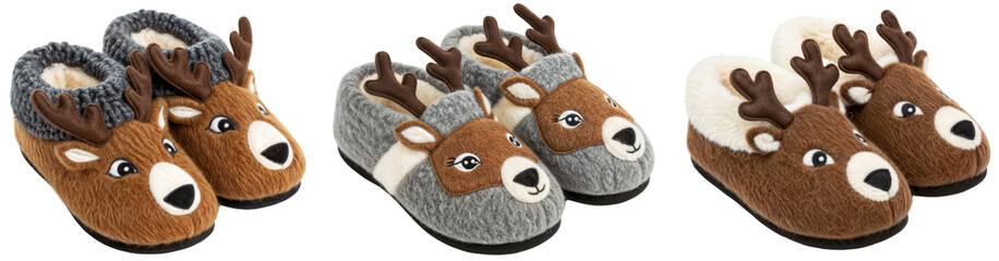 a set of three different colored pairs of reindeer slippers