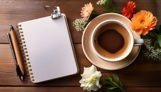 caffeinated coffee with flowers and notepad on a desk - Powered by Adobe