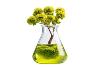 Moss plant in lab flask on transparent background