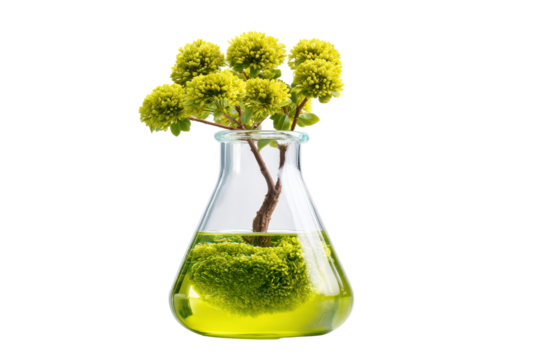 Moss plant in lab flask on transparent background