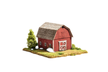 Miniature Red Barn Model on Transparent Background