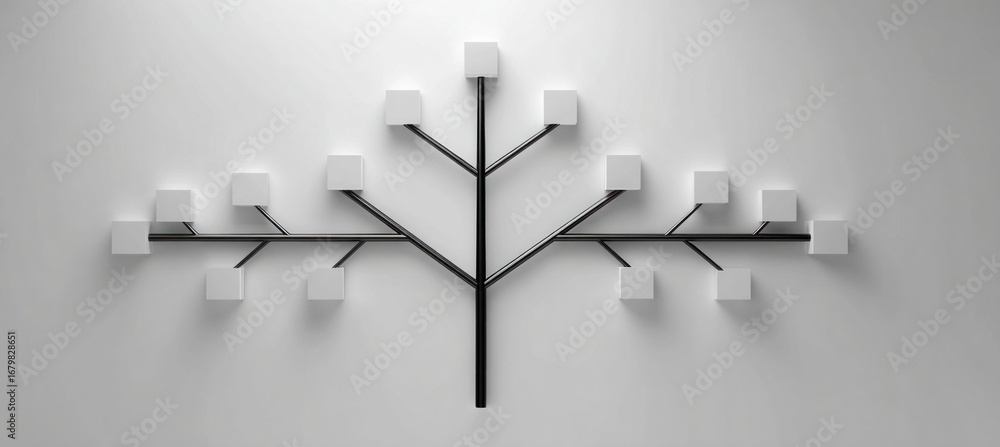 Poster black tree branches bearing white cubic forms, representing data structure, information hierarchy ag