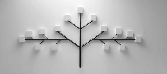 Black tree branches bearing white cubic forms, representing data structure, information hierarchy against stark minimalist white backdrop