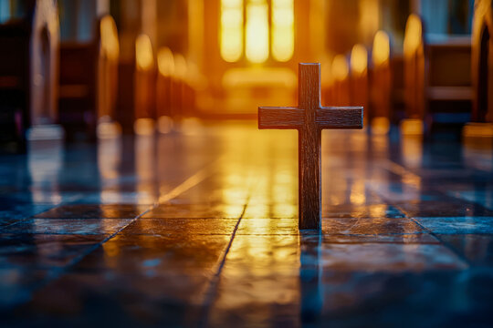 Wooden cross standing in a church lit by warm sunlight