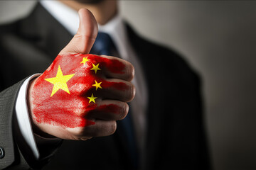 Chinese Business Approval: Businessman in Suit with Chinese Flag Painted Hand Showing Thumbs-Up