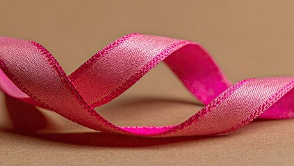 Pink ribbon coiled on beige surface