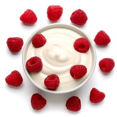 A bowl of creamy yogurt topped with fresh raspberries arranged artistically around the dish.