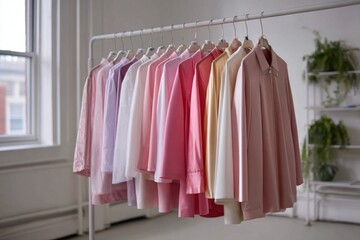 Pastel colored shirts displayed on clothing rack, revealing soft hues and contemporary fashion styling within minimalist retail showroom interior
