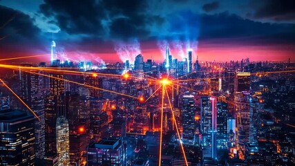A high-angle, futuristic cityscape with illuminated buildings, interconnected network lines, and a dramatic sunset - Powered by Adobe
