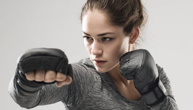 Female boxer wearing red gloves, executing powerful right jab with intense concentration during high energy workout, showcasing athletic strength and fitness commitment