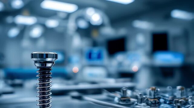 Sharp medium shot of a smart bone screw containing RFID torque readout capabilities set against an indistinct background of medical equipment to stress precision engineering.