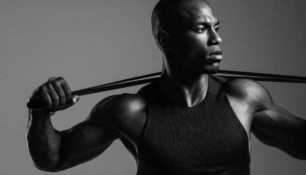 Muscular athlete stretching resistance band, displaying toned physique, highlighting strength training and wellness in monochrome fitness setting