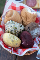 Breads of various types, beetroot, chocolate and cereals.