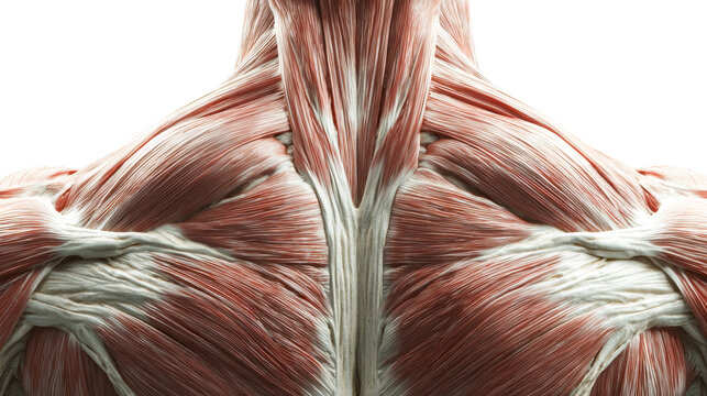 Detailed illustration of human upper back muscle anatomy