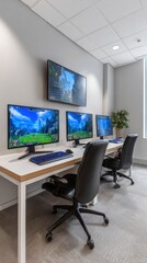 Gaming room featuring empty chairs positioned before computer screens showing virtual landscape, large wall display creating immersive digital environment
