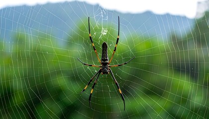 Golden Silk Orb Weaver Spider on its Web in a Lush Green Forest.
