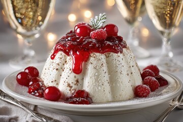 Luxurious panna cotta dessert with vibrant red berry sauce, fresh raspberries, and cranberries, elegantly presented with a festive blurred champagne and bokeh lights background.