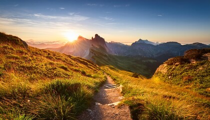 mountain trail at sunrise scenic hike in nature