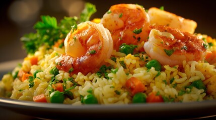 Delicious seafood dish, vibrant stir-fried rice with shrimp, colorful vegetables and herbs, perfect for culinary promotion.