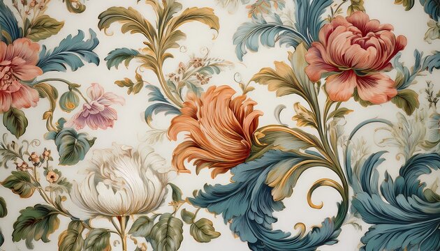 floral pattern damask tapestry with retro baroque flowers on white background