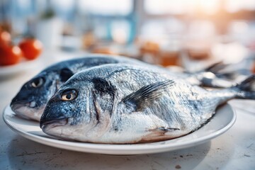 Close-up of two fresh whole raw sea bream on a white plate, ready for culinary preparation.