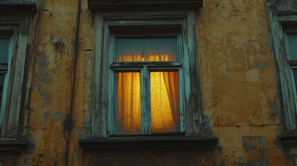 A closed curtain reveals a faint blue screen reflection inside a modern apartment window at night
