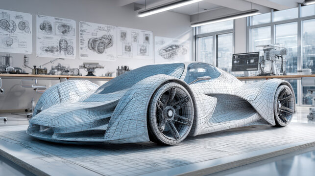 Futuristic sports car design in a high-tech automotive workshop