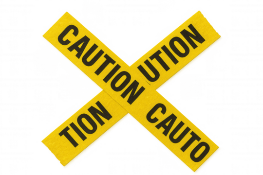 Yellow caution tape forming sharp x intersection, warning of potential hazards with stark visual alert against clean backdrop