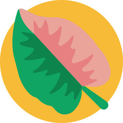 A vibrant tropical leaf with heart-shaped foliage featuring bold green and pink patterns.