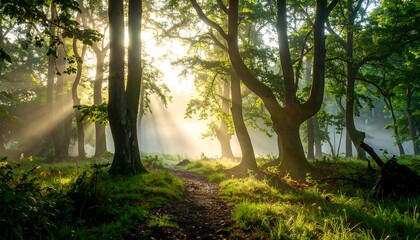 Sunlight streams through a misty forest (2)