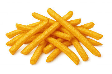 Golden french fries stacking vertically, displaying crispy texture against clean transparent backdrop, perfect for culinary promotional graphics