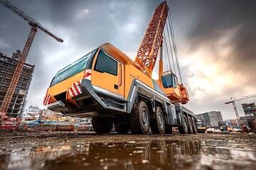 Mobile crane stands on construction site with other cranes and buildings under construction