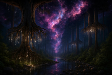Obraz premium Surreal Cosmic Forest Landscape with Upside Down Trees