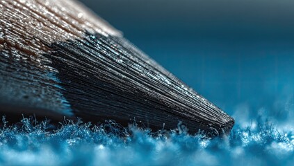 Extreme close-up of a pencil point resting on a textured blue surface.  Detailed view of graphite tip, wood grain, and surface texture